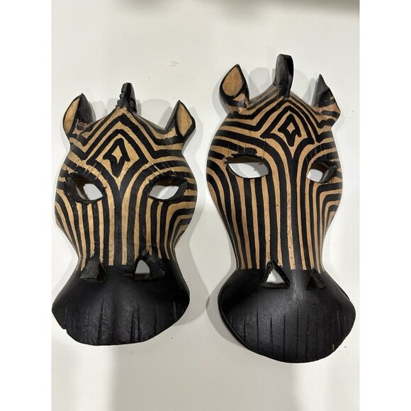 Set of  5 Hand Carved Wooden Mask African Animal Zebra Giraffe Wall Hanging - Picture 6 of 11